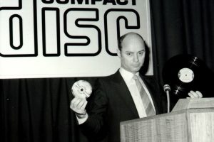 The head of Philips' CD-Lab, Joop Sinjou, with the first CD